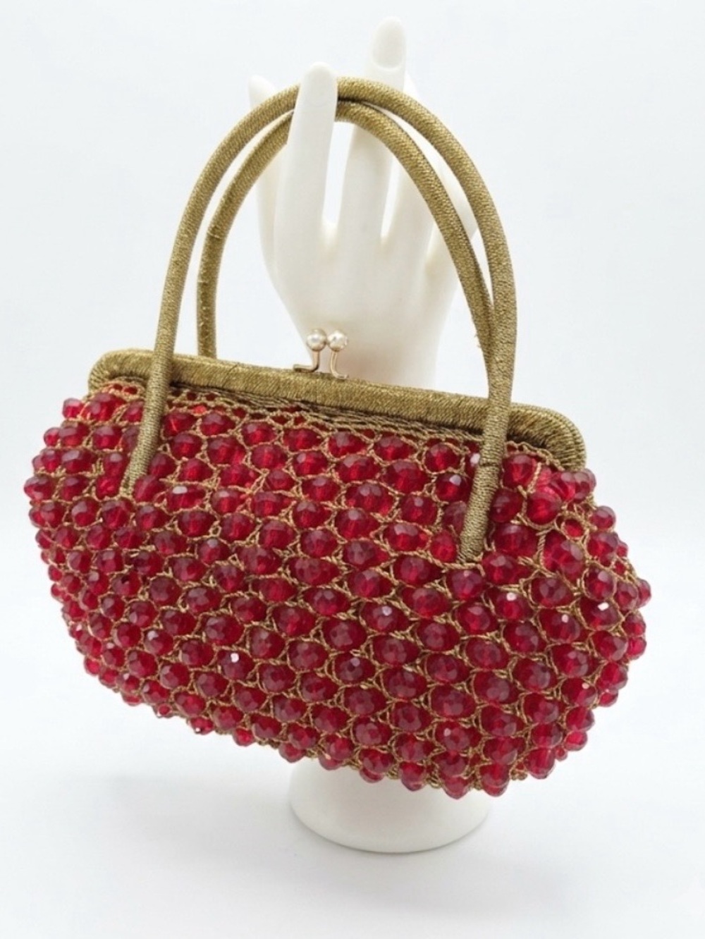 Vintage Red Beaded Evening Handbag with Gold Trim